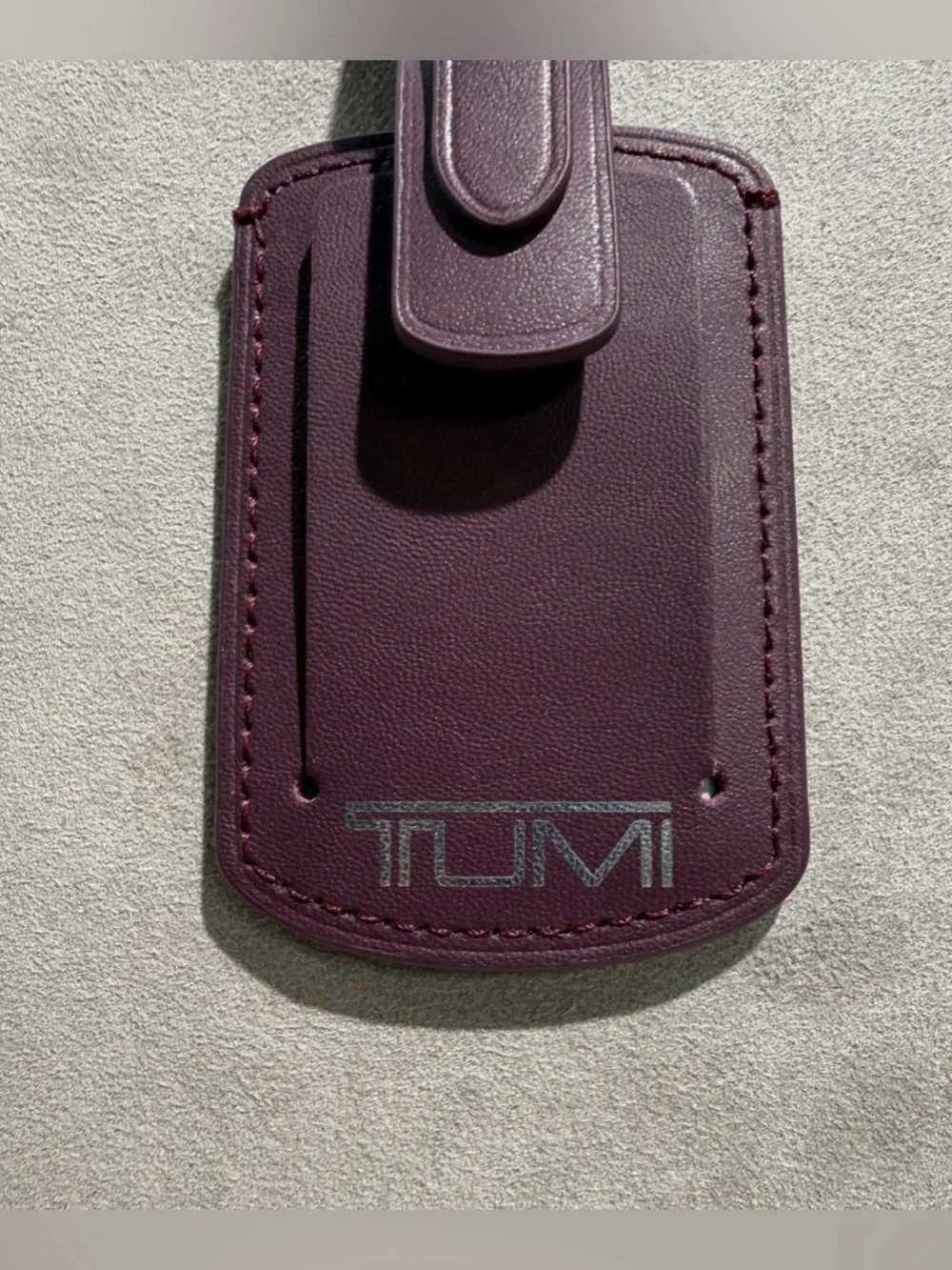 NEW Tumi 3.625” x 2.25” Leather Luggage Name Tag w/ Buckle - PURPLE